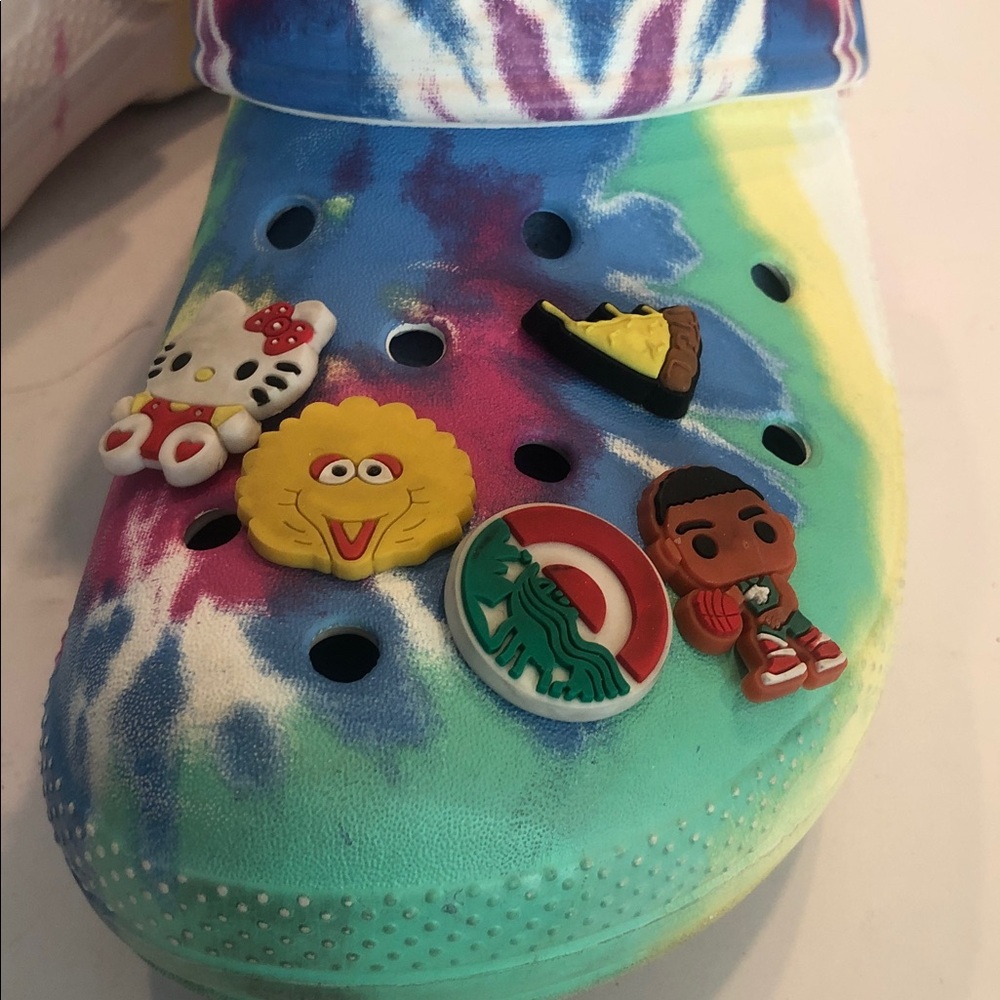 Crocs Tye Dyed Clogs with Charms Pink, Blue, Yellow & White - Picture 4 of 9